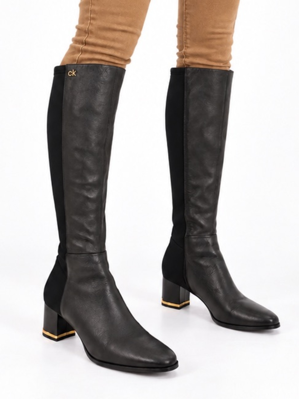 CALVIN KLEIN Freeda Black Leather Stretch Knee High Boots Women’s 8.5
